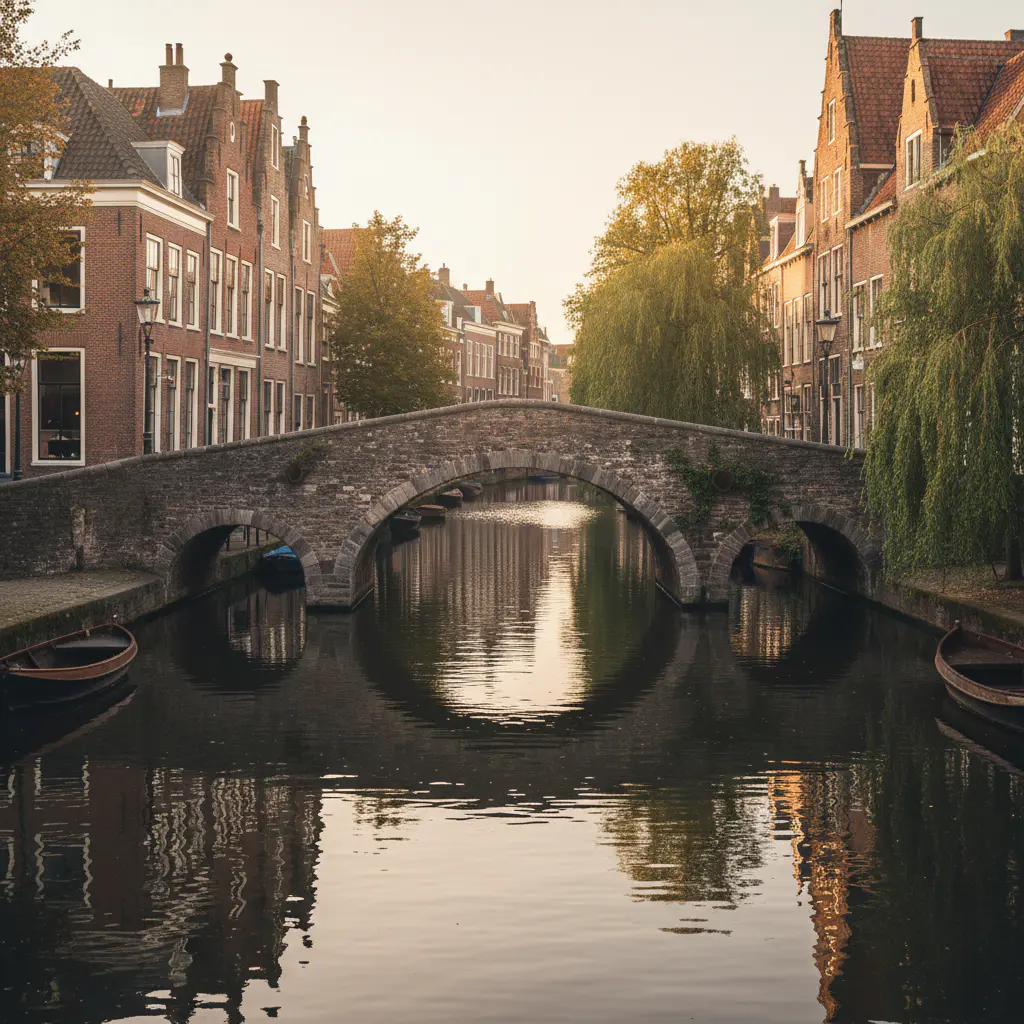 Stenen boogbrug over een gracht