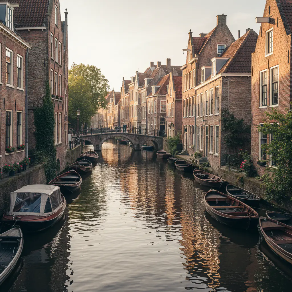 Grachten van Leiden met klassieke boten en pakhuizen