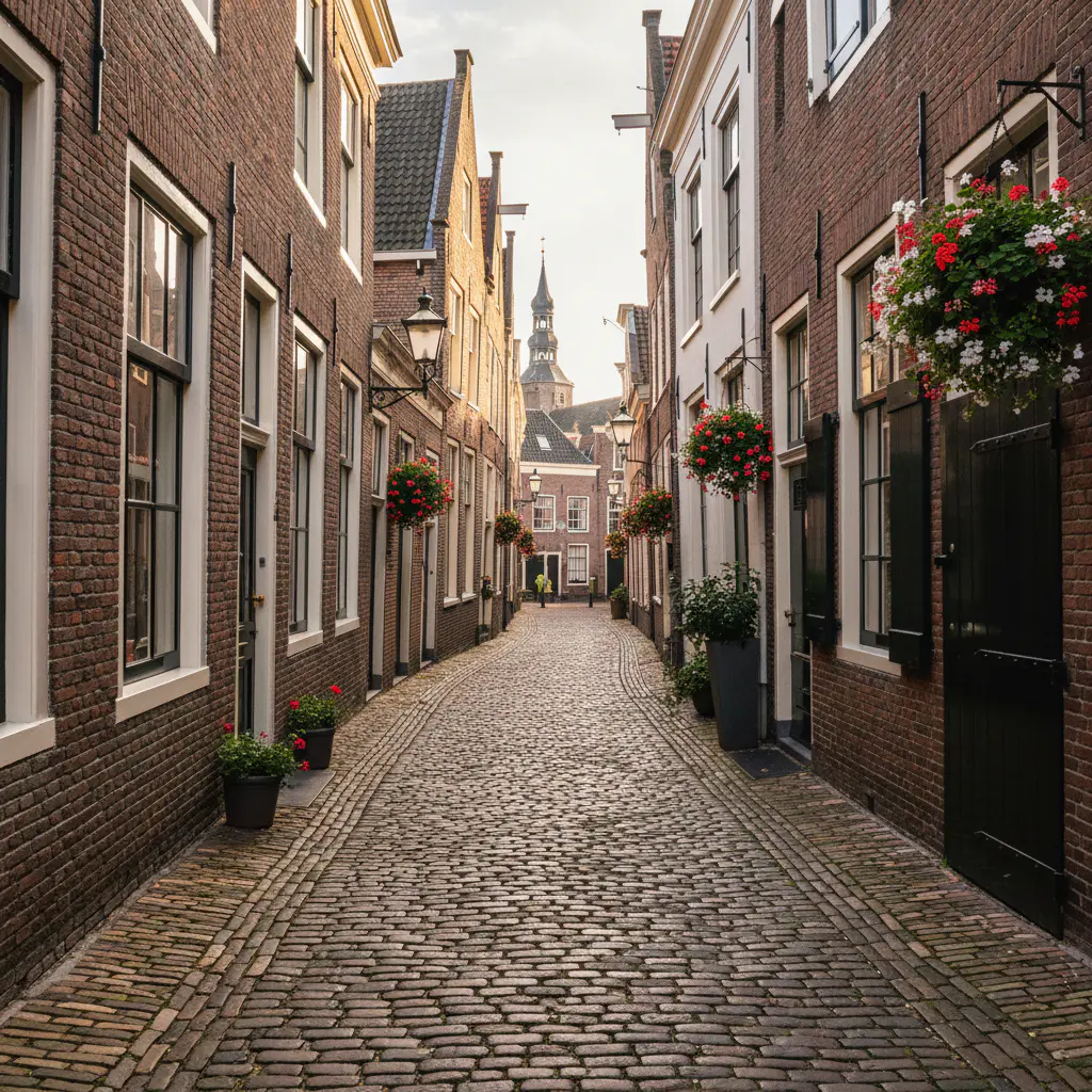 Sfeervolle straat in een middeleeuwse Nederlandse stad